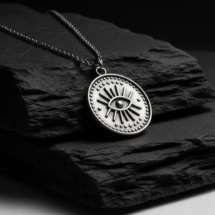 925 sterling silver oxidized all-seeing eye coin necklace close-up detail